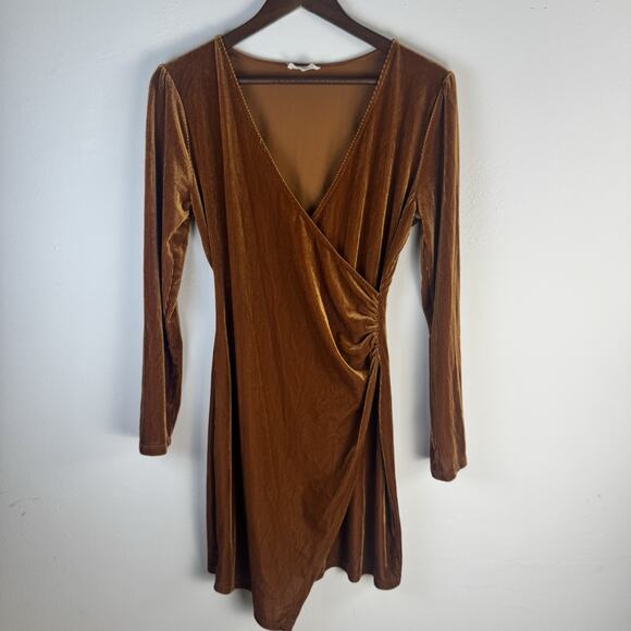 CHOCOLATE Bronze Velvet Wrap Mini Dress Long Sleeve Large Bodycon Cocktail Party - Picture 2 of 8